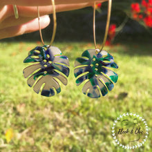 Load image into Gallery viewer, Ocean Tortoise Shell Monstera Leaf Hoop Earrings