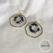 Load image into Gallery viewer, Ocean Blue Tortoise Shell Double Layer Hexagonal Gold Hoop Earrings