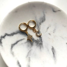 Load image into Gallery viewer, Mismatched Cubic Zirconia Celestial Gold Huggie Hoop Earrings