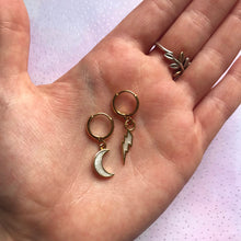 Load image into Gallery viewer, Mismatched Enamel Crescent Moon and Lightning Bolt Gold Huggie Hoop Earrings