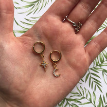 Load image into Gallery viewer, Mismatched Cubic Zirconia Celestial Gold Huggie Hoop Earrings