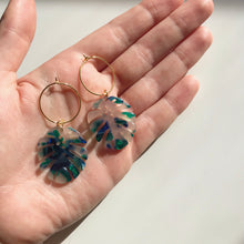 Load image into Gallery viewer, Ocean Tortoise Shell Monstera Leaf Hoop Earrings