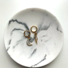 Load image into Gallery viewer, Mismatched Enamel Crescent Moon and Lightning Bolt Gold Huggie Hoop Earrings