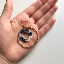 Load image into Gallery viewer, Ocean Blue Tortoise Shell Double Layer Hexagonal Gold Hoop Earrings