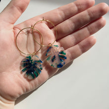 Load image into Gallery viewer, Ocean Tortoise Shell Monstera Leaf Hoop Earrings
