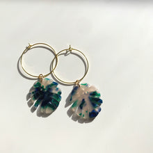 Load image into Gallery viewer, Ocean Tortoise Shell Monstera Leaf Hoop Earrings
