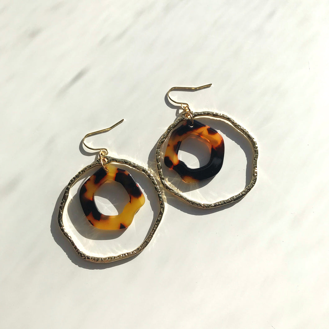 Traditional Tortoise Shell Double Layer Hexagonal Gold Hoop Earrings